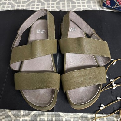 Eileen Fisher Curve Tumbled Leather Sandals in Olive Green Size 9