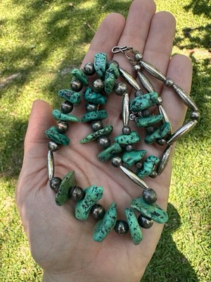 Estate Turquoise Native Sterling Beaded Pearl Patina Necklace 20  Southwest
