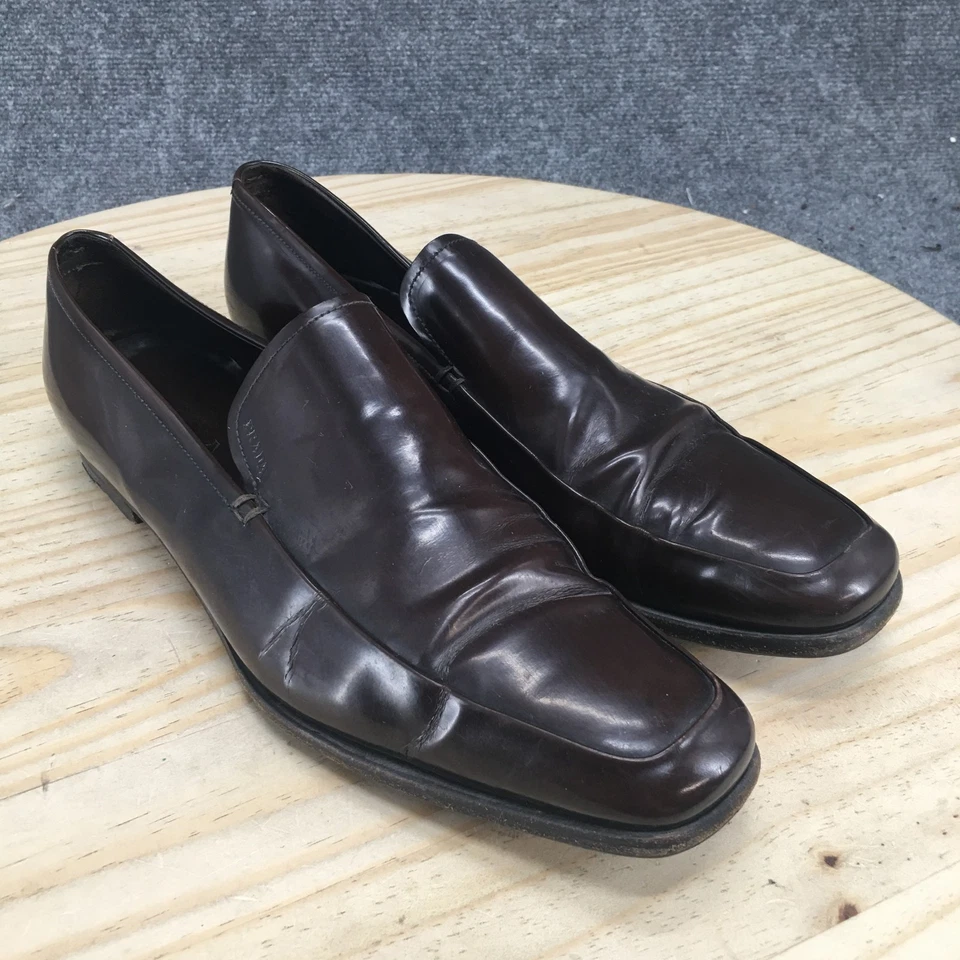 Prada Mocasines Para Hombres 10 Marrón Mocasín Cuero Zapatos de Vestir Sin Cordones Punta Cuadrada Informales Foto 3 de 4