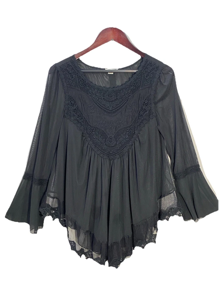 复古黑色透明蕾丝上衣,尺寸 M 90 年代 Y2K Whimsigoth Fairygrunge Witchy Hanky Panky — 第 2/4 张图片