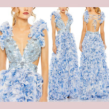 NWT Mac Duggal [ 0 ] 2220 Ruffle Tiered Cap Sleeve Cut Out Open Back Gown S1780