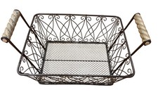 Decorative Black Wired Storage Basket Lattice Design Wooden Handles 11 x10 x5