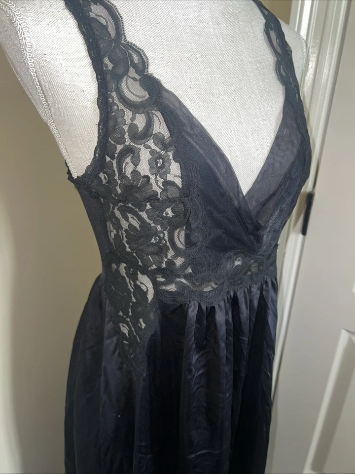 "Vestido sin Mangas Vintage Interior Most Negro Encaje Bordado 38"" Largo Talla Pequeña" Foto 2 de 4