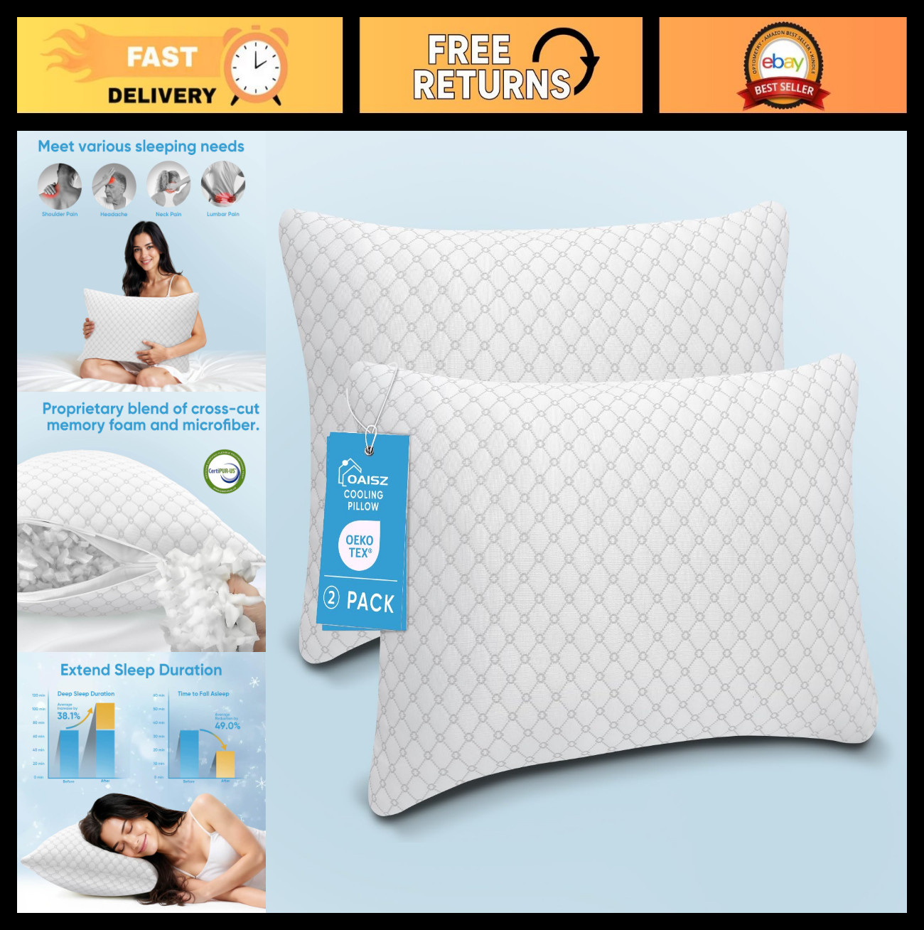 Adjustable Shredded Memory Foam Pillows Set of 2 - Cooling Bed Pillows for All S