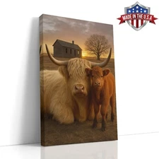 Highland Cows at Golden Hour Wall Art, Canvas Print for Home Decor, Wall Decor