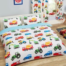 TRUCKS AND TRANSPORT DOUBLE DUVET COVER SET TRACTORS CARS NEW REVERSIBLE