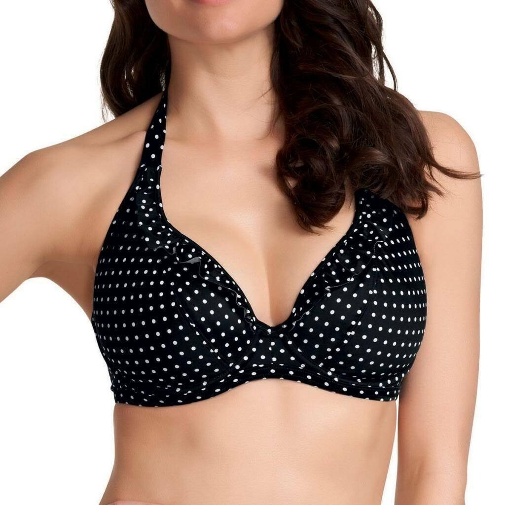 Freya Pier Bikini Top Size 28E Underwired Plunge Halter Black Spot Frill 3019