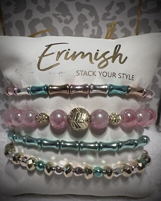 NEW! ERIMISH BRACELETS-  4 Pc Stack - Pink, Mint Green & Gold