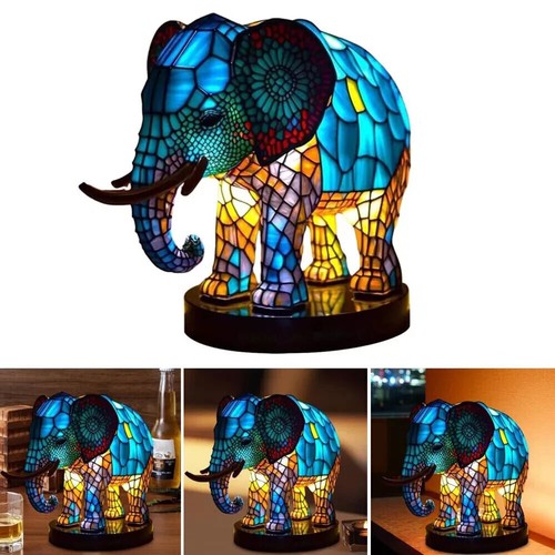 3D Elephant Table Lamp Series Stained Glass Stained Night Light Retro Desk Lamps - Picture 2 of 3