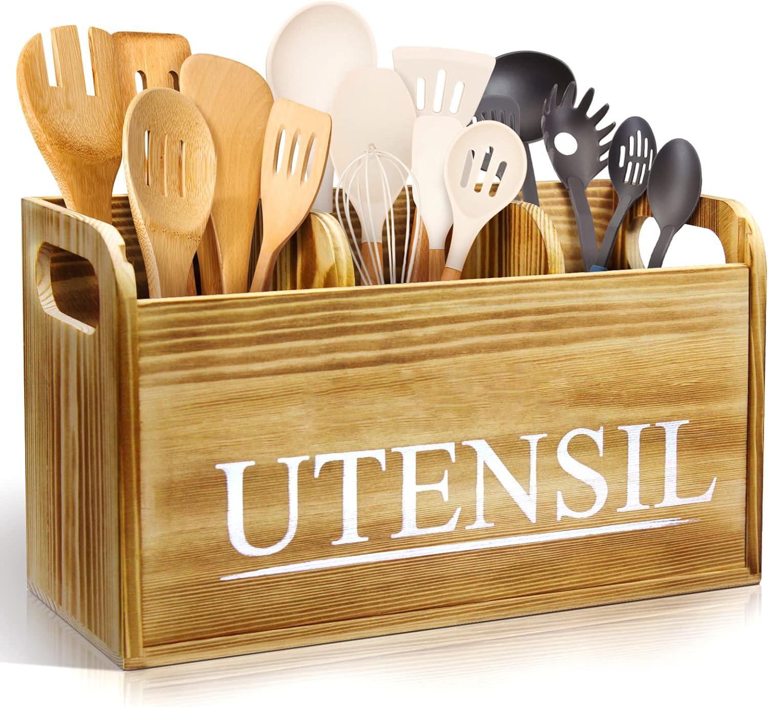 brekle Rustic Wooden Kitchen Utensil Holder - 3-Compartment Utensil Organizer fo