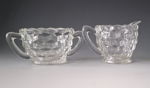 Fostoria American small Creamer and Open Sugar Cubist Clear - Picture 2 of 4