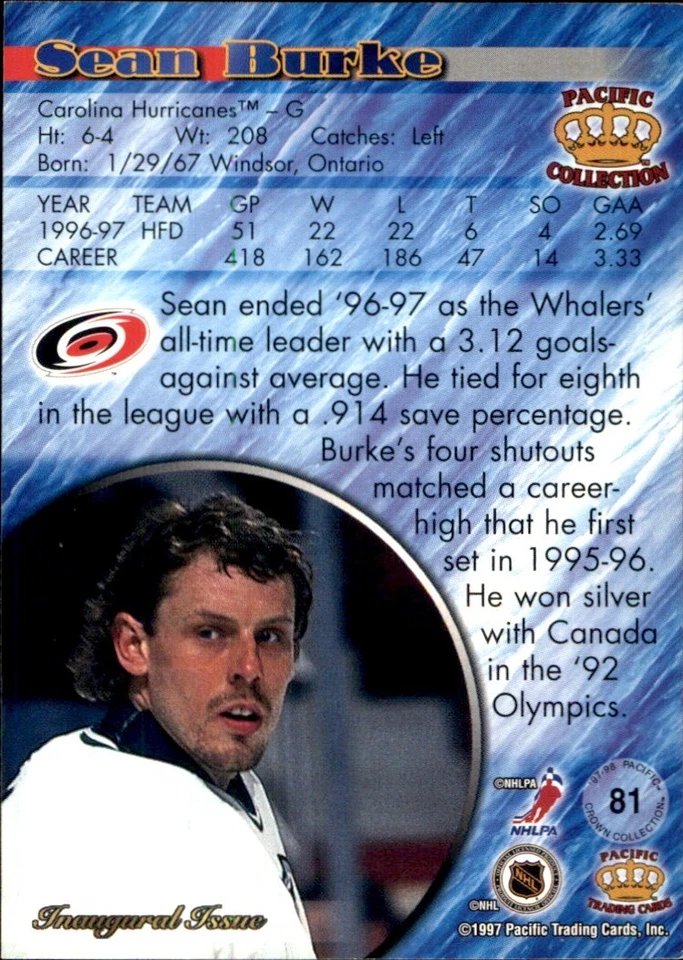 1997-98 Pacific EMERALD GREEN #81 Sean Burke HARTFORD WHALERS CAROLINA HURRICANE - Image 2 of 2