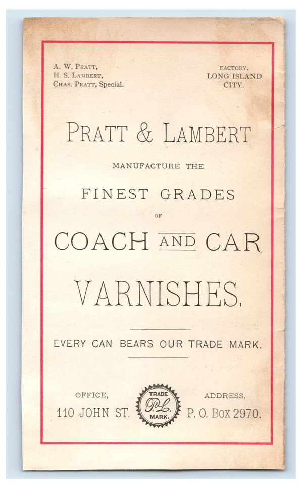1870s80s Engraved Folder Card Pratt & Lambert Coach & Car Varnishes F