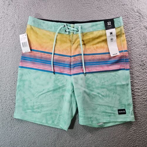 NWT Hurley Board Shorts Swim Trunks Men 32 No Liner Green Yellow Blue Striped