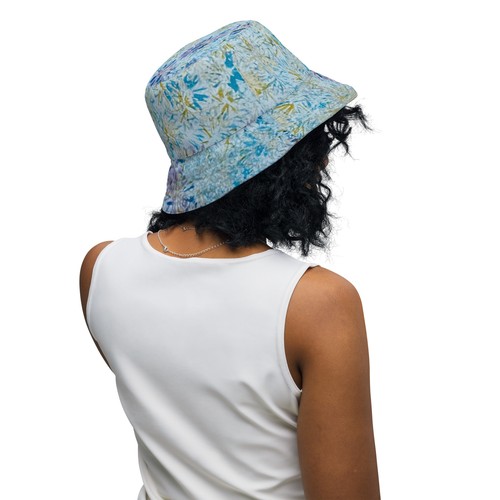Reversible bucket hat Hand-Painted Design Print Hues of Blue Abstract Art Artist - Picture 5 of 9