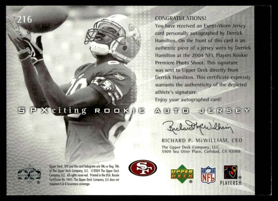 2004 SPX ROOKIE JERSEY AUTO /1499 DERRICK HAMILTON - Image 2 of 2