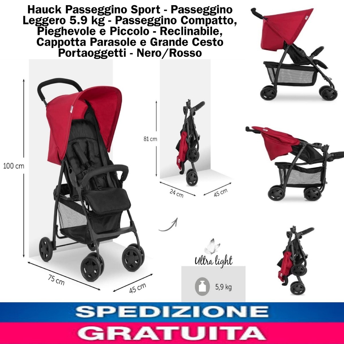 Passeggino Fresh Ultraleggero 5.9kg - Pieghevole One Hand Fino A 22kg Con Portabottiglie