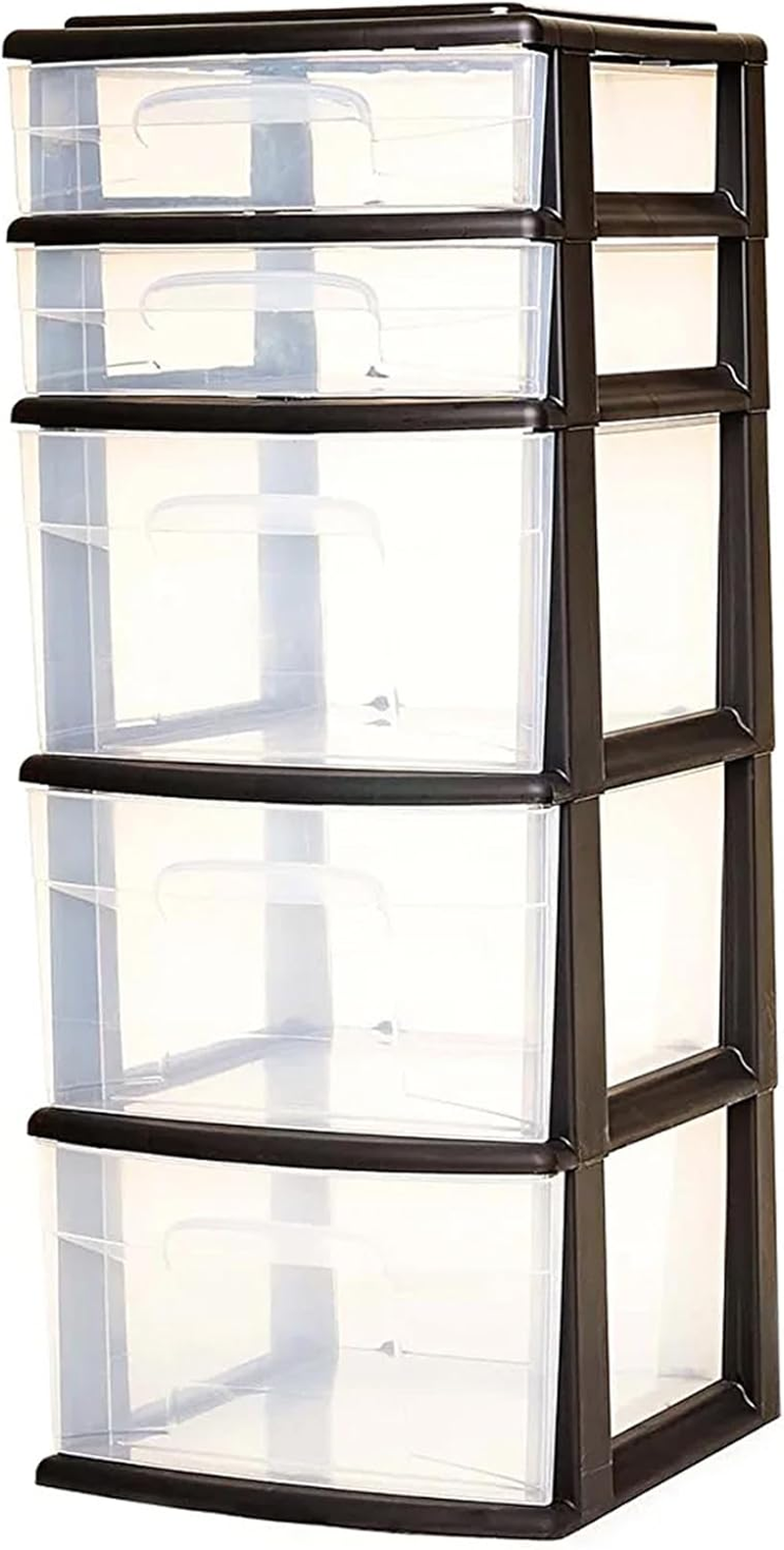 5-Tier Clear Plastic Drawer Tower with Black Frame for Organized Storage