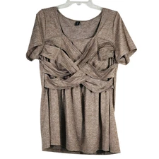 Shein Curve 1XL Tan Criss Cross Heather Print Short Sleeve Top