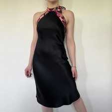 Vintage 00s italian designer pure silk black high abstract tie neck midi dress