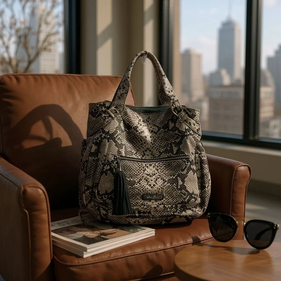 Cynthia Rowley Black Gray Snakeskin print all Leather bag With Shoulder Strap - Image 3 of 4