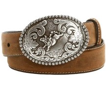 Nocona 4421844 3D Bullriders Silver Buckle Brown Leather Belt Boy Sz 24 23-28"
