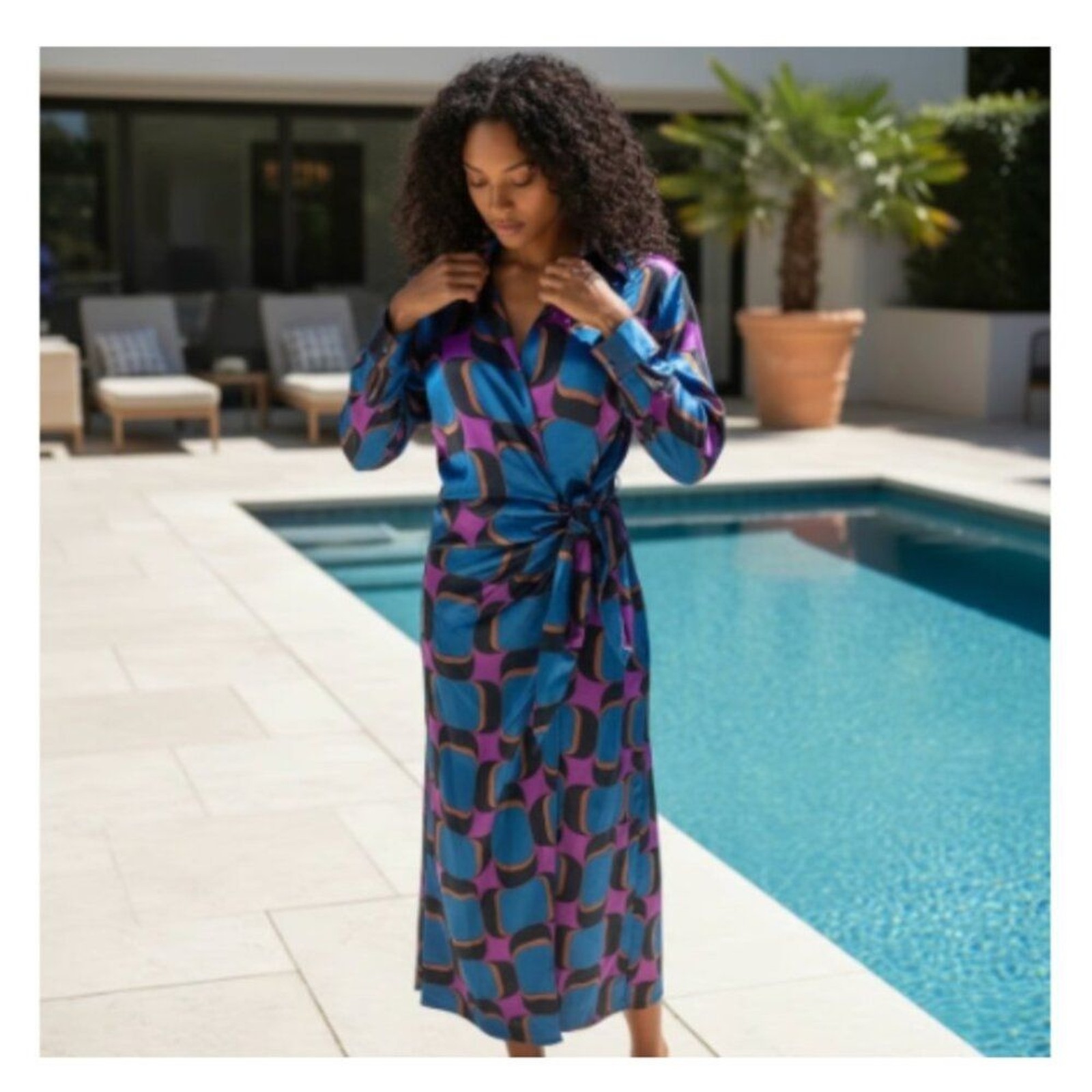 Zara Printed Wrap Dress Collared Geometric Multicolor