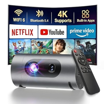 Smart Projector with WiFi and Bluetooth, Mini Projector Supports 4K 1080P,