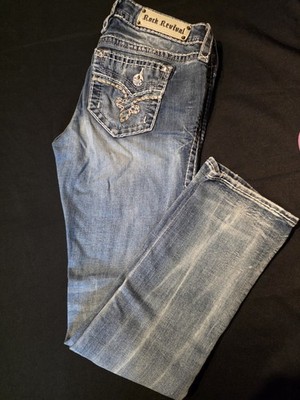 Rock Revival Women's Medium Wash Blue Straight Denim Jeans Embroidered 5-Pocket