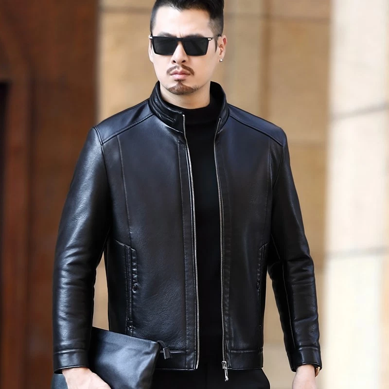 Men's Real Leather Jacket Thick Fur Winter New Stand Up Collar Business Jackets - Image 4 of 4