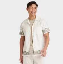 Goodfellow & Co Men's XL Button-Down Shirt Cream Short Sleeve Embroidered New