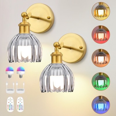 LETRY 2 Pack RGB Wall Sconce Tulip Glass Shade Remote Control Vintage Wall Lamp