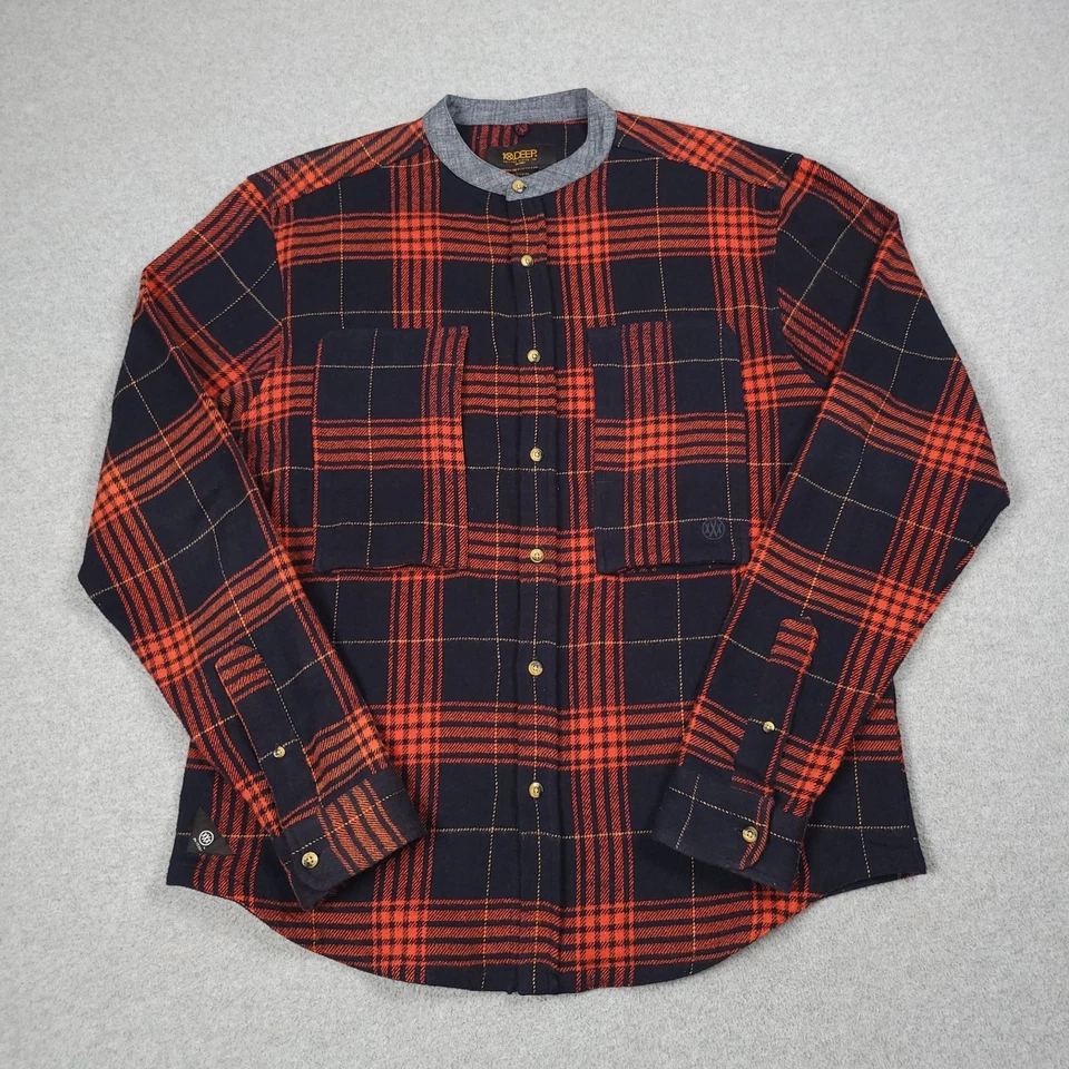 10 Deep Shirt Men Medium Plaid Banded Collar Cotton Flannel Utility Streetwear - Image 2 of 4