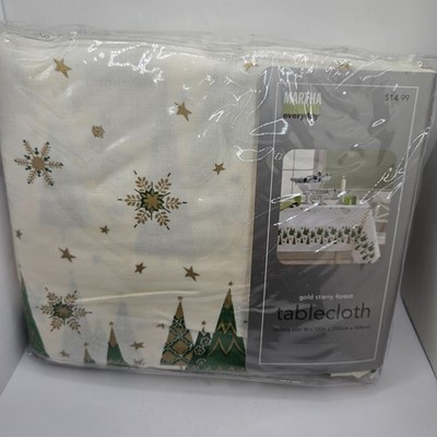 Martha Stewart Gold Starry Forest Christmas Tablecloth 60x120 Oblong Holiday NOS