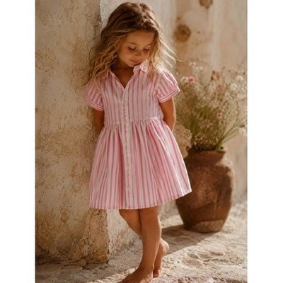Ralph Lauren Baby Girls Pink White Striped Button Front Shirt Dress 6M