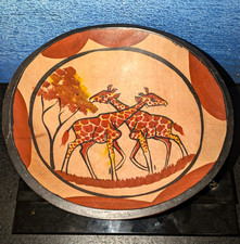 Hand-Painted Wooden Bowl, Round Giraffe Animal Theme, Painted Brown/Beige