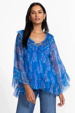 Johnny Was Gal Ruffle Tie Silk Blouse Women's  375 Shirt Floral Blues Size M