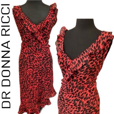 DR Donna Rocco Red Black V-Neck Sleeveless Dress Size 14 Asymmetrical Hem