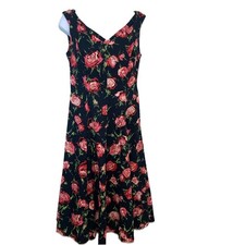 Talbots Floral Midi Dress Black Pink Sleeveless 100% Coton Flowy 2P Tropical
