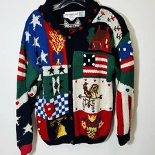 The Eagle’s Eye Vintage hand knit Chunky Cardigan Sweater Americana Patriotic M