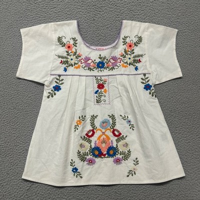 Izzy & Lola Oaxaca Top Womens S White Floral Embroidered Fiesta Mexico Art