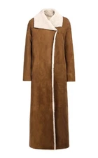 Women's Brown Shearling Fur Trimmed Long Coat Genuine Suede Leather Overcoat
