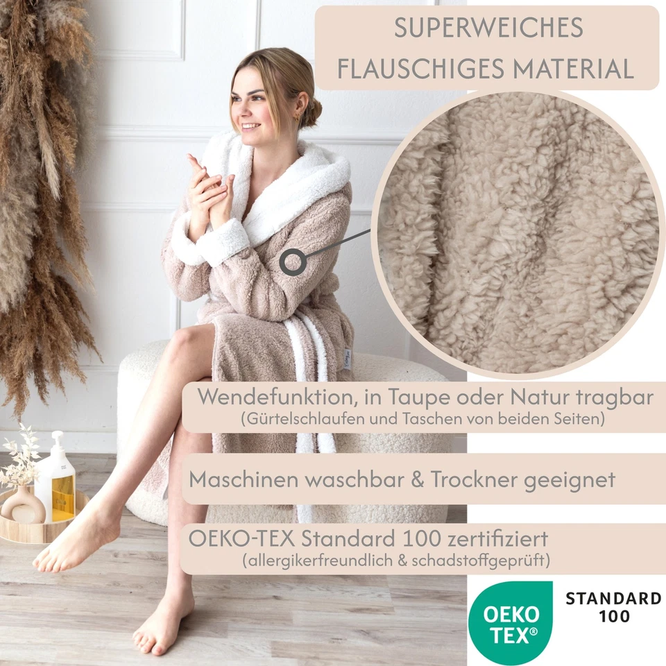 Bademantel Damen flauschig Morgenmantel Wendefunktion Kuschelbademantel Kuschel - Bild 2 von 4