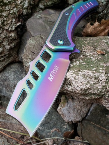 Satin Gold Black Rainbow Pocket Knife All Metal Cleaver Frame Lock EDC - Picture 7 of 12