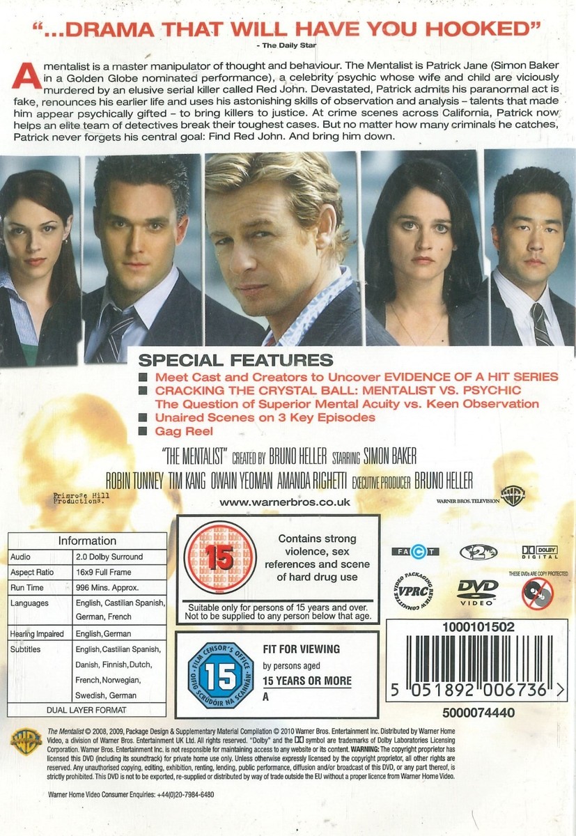 The Mentalist: Season 1 (2008) DVD, Simon Baker, Robin Tunney, Tim