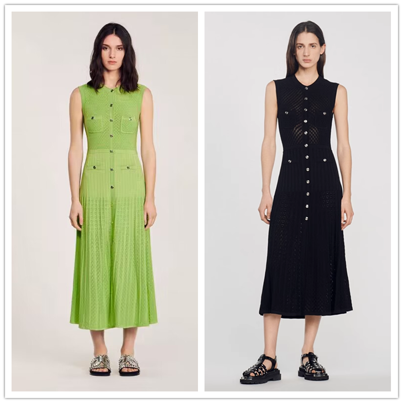 Sandro hollow V-neck knitted dress green black