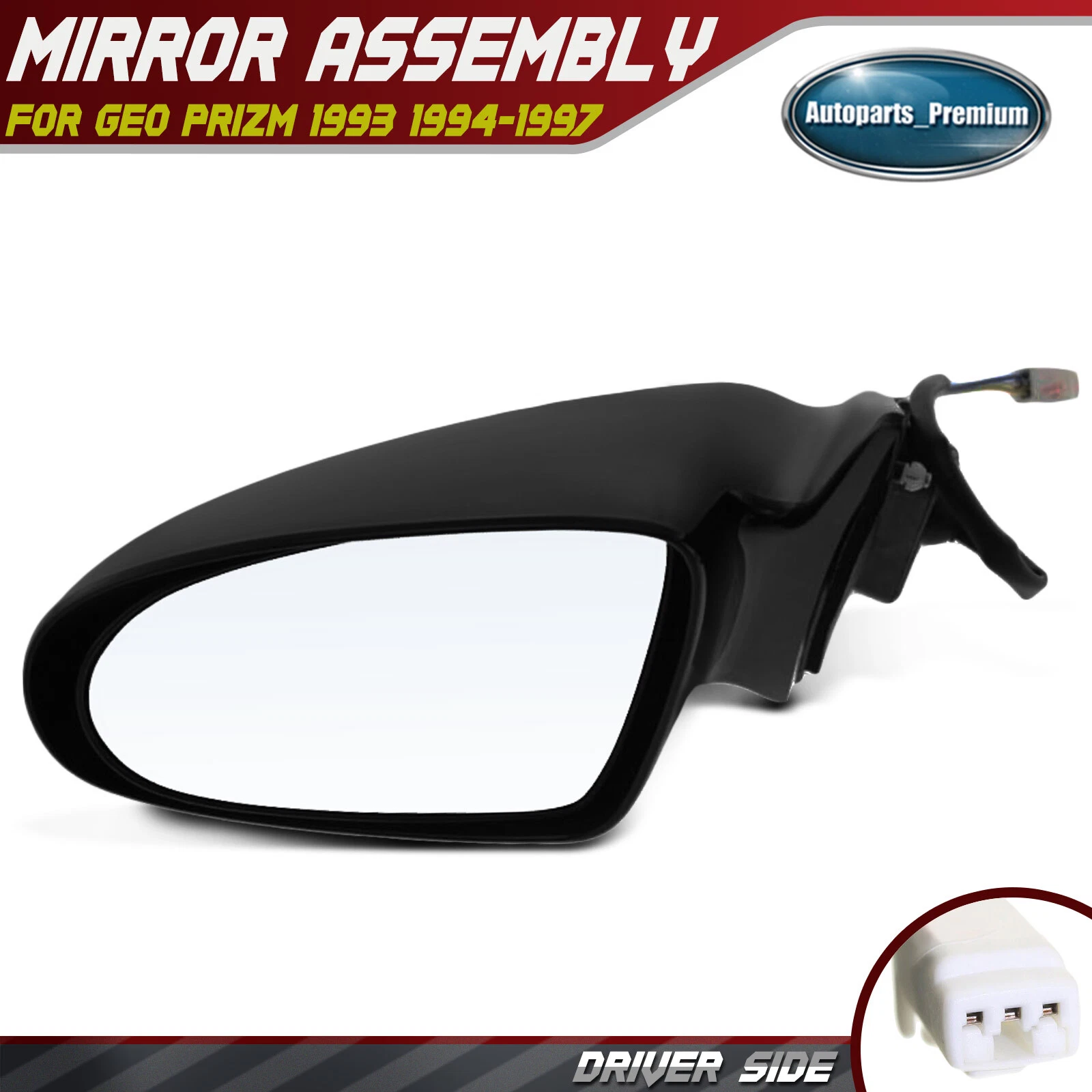 Driver Left Black Mirror with Power Glass Adjust for Geo Prizm 1993-1997 Sedan
