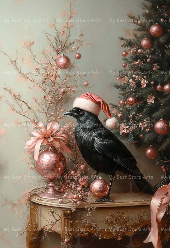 CHRISTMAS TREE CROW SANTA HAT ART PRINT, Holiday Decor, Raven Bird