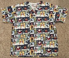 Peaches Womens Size XS Scrub Nurse Top Red Blue Santa Reindeer Snowman Christmas