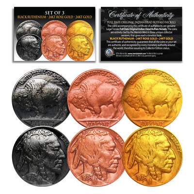 1930 s Vintage Original Buffalo Indian Head Nickel Coins SET of 3 Metal Versions